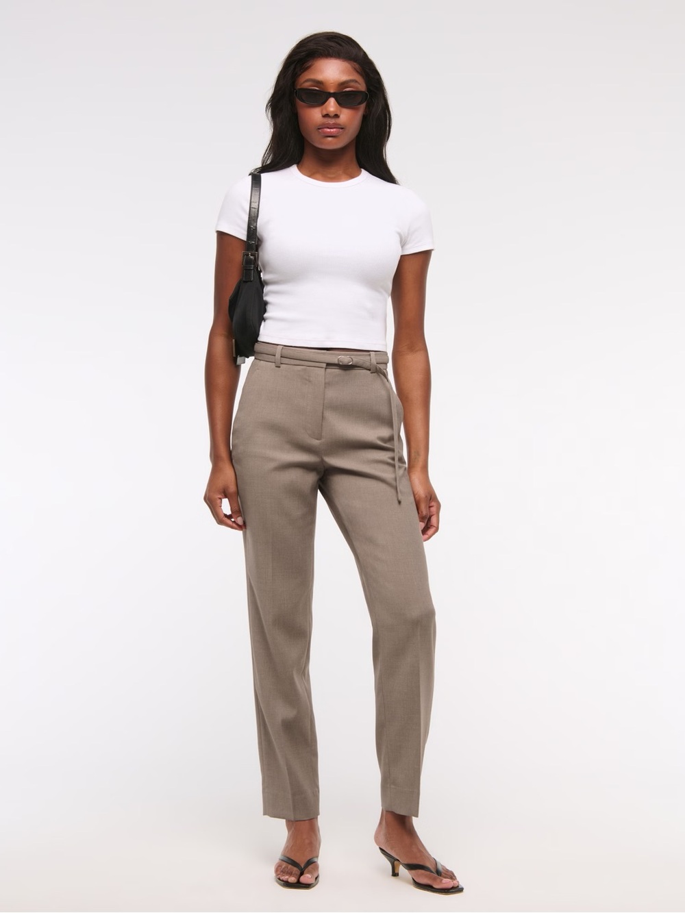 Abercrombie & Fitch Curve Love High Rise Belted Ankle Straight Pant- Brown